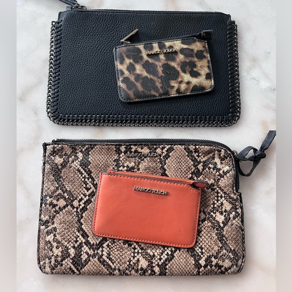 MANGO MNG Chain Black  Clutch Leopard Print and Orange Coin Purse set of 4